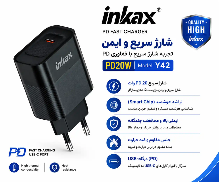 کلگی شارژر 20 وات تایپ سی اینکاکس Y42